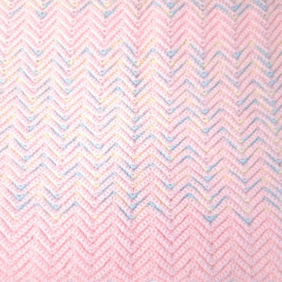 Vintage‎ Handmade Crochet Chevron Blanket Baby Nursery Pink/Blue/Yellow 36x38 - Picture 7 of 8